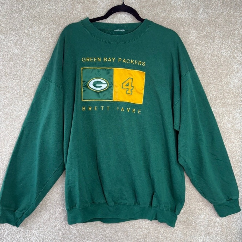 Green Bay Packers Brett Favre Crewneck Sweater Green Gold Football‎ Size L/XL